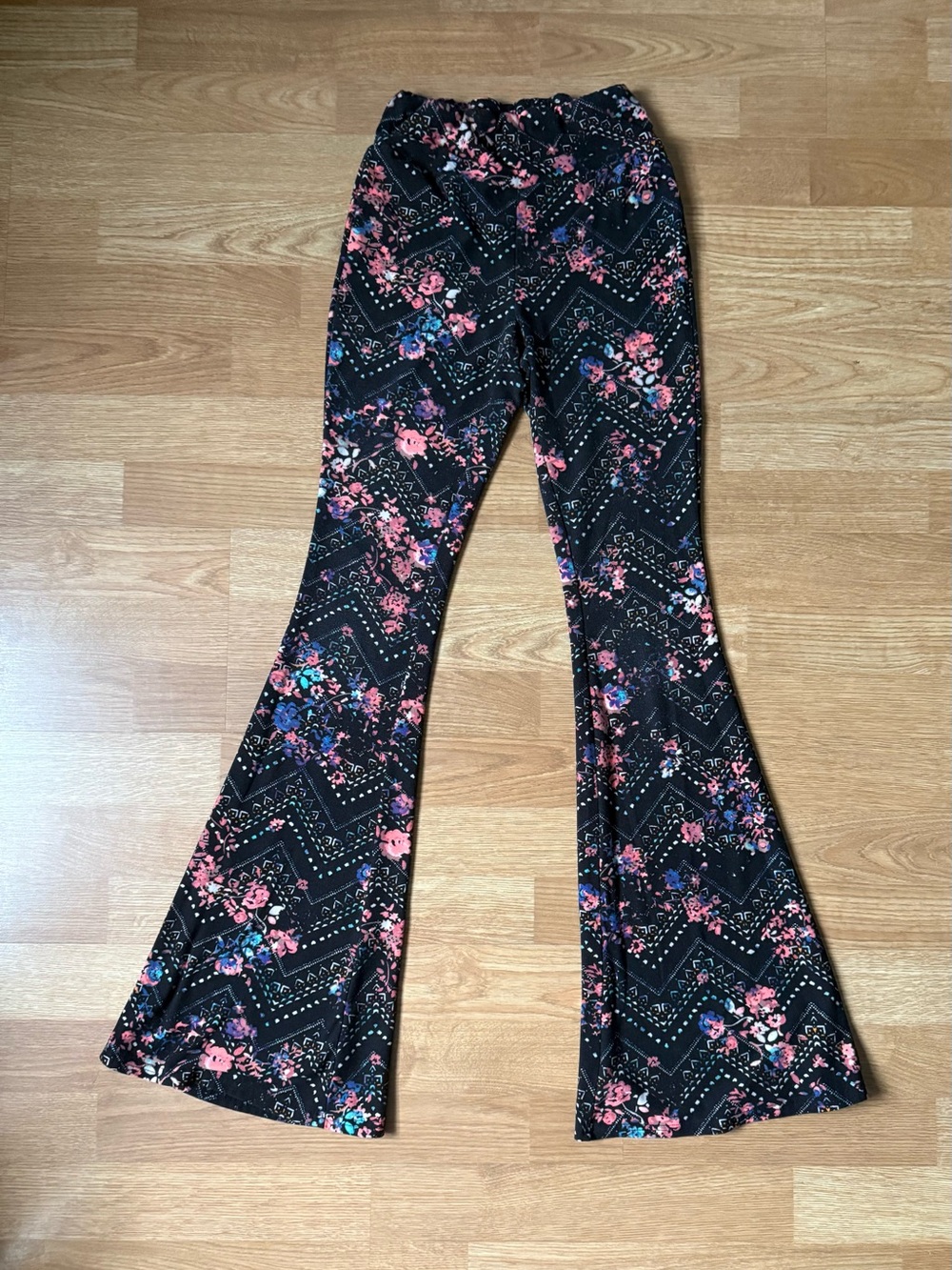 No Boundaries Black Floral Print Pants with Pink and Coral Accents